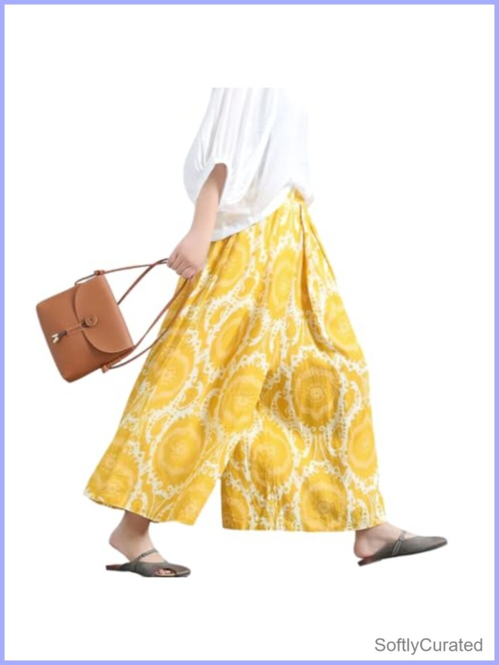 Floral Printed Cotton Linen Wide Leg Palazzo Crop Pants Elastic Waist